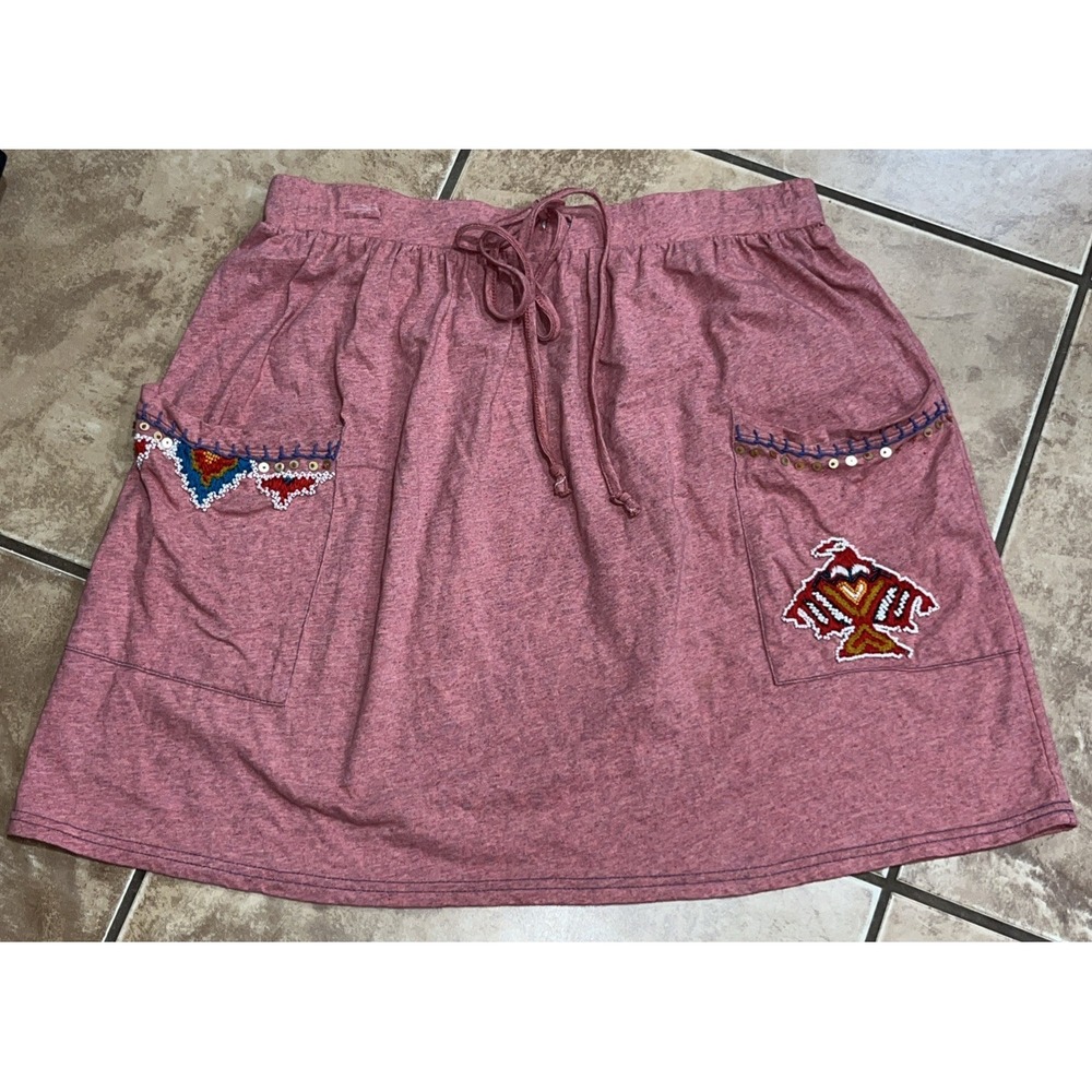 2- Double D RanchShort Pull On Skirts Pink & Gray Embroidered Sz Med Tie Waist - Picture 2 of 16